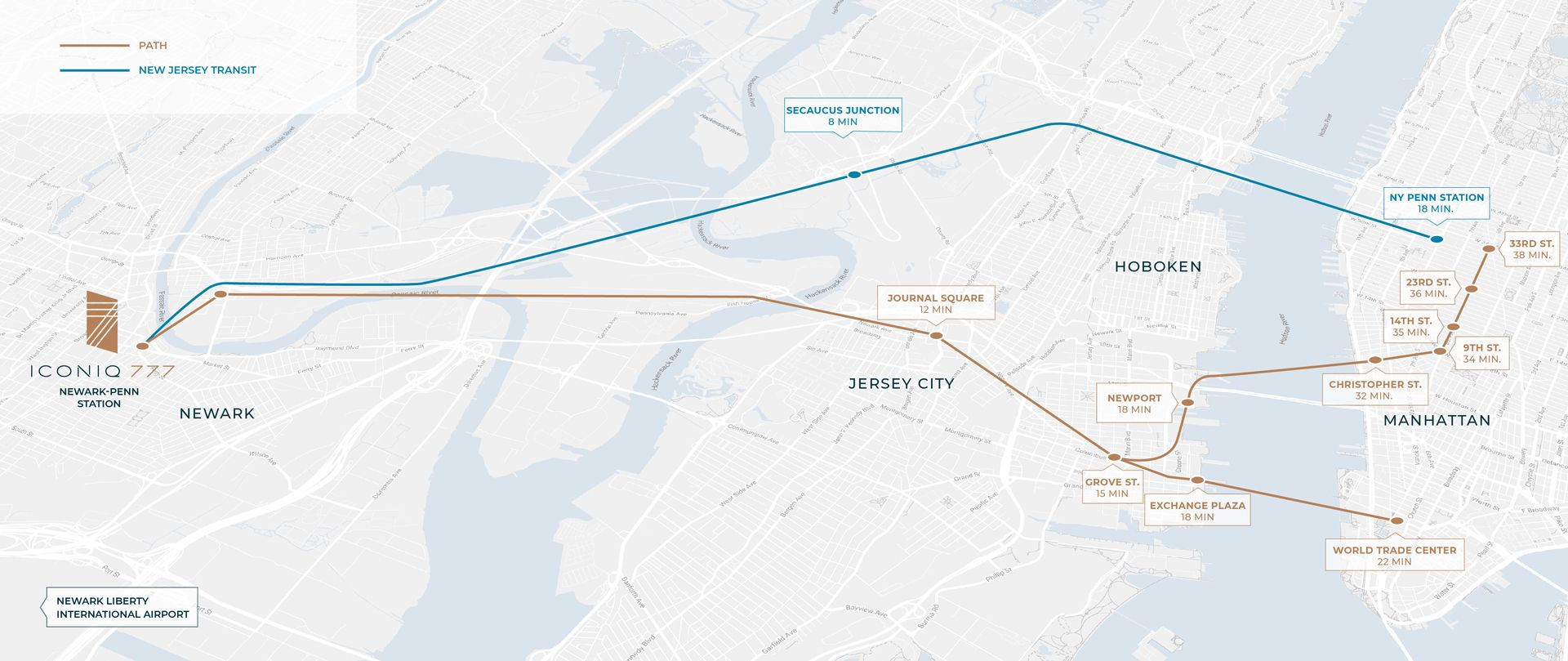 Map of PATH and NJ Transit routes from Newark Penn Station to Manhattan