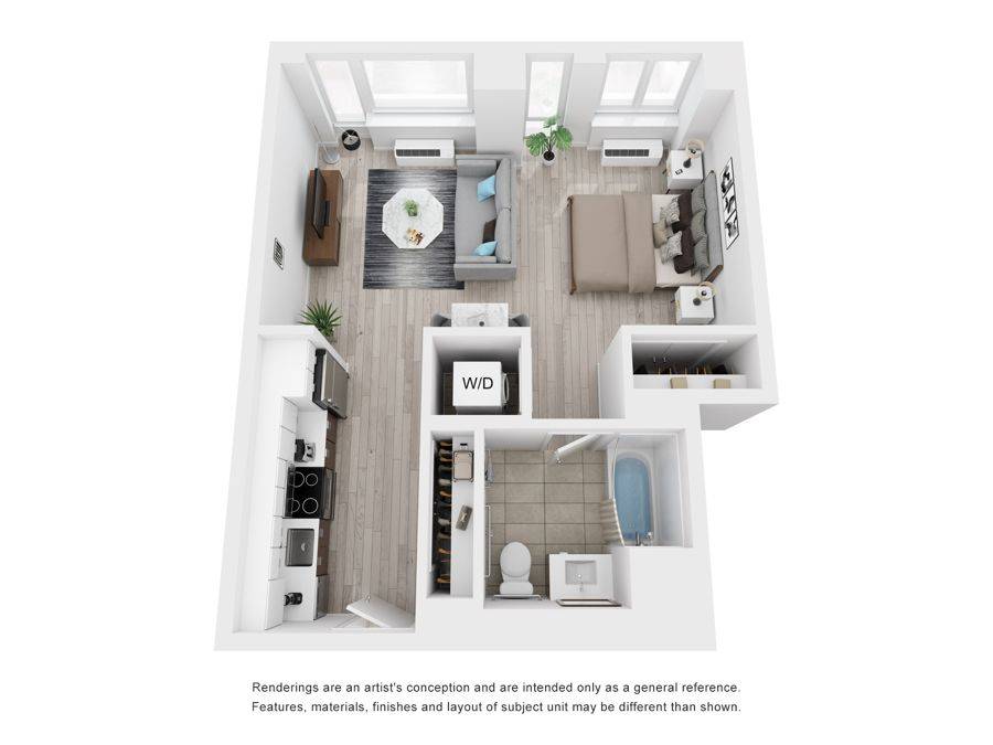 Residence 03 studio floor plan, 590 square feet